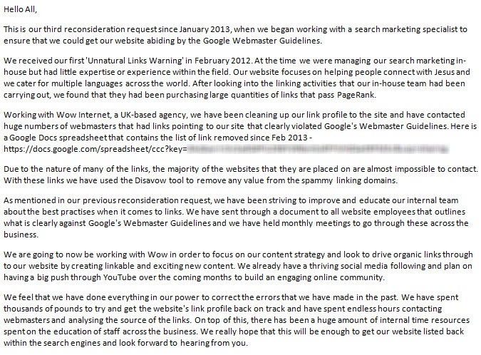 The full reconsideration request we sent to Google