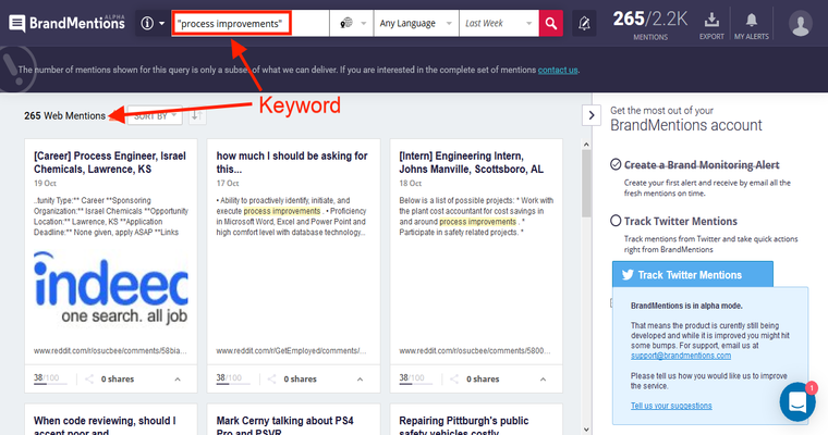 With BrandMentions, find out any mentions on the web for a keyword or brand.