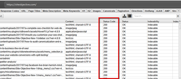 How to find 2xx HTTP success codes through the Screaming Frog GUI