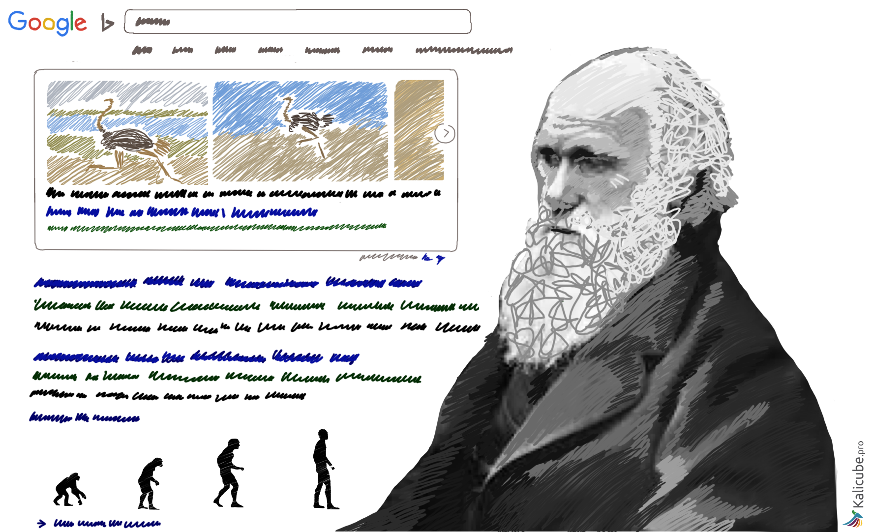 Darwinism in search Illustration of Darwin and a Search Engine Results Page