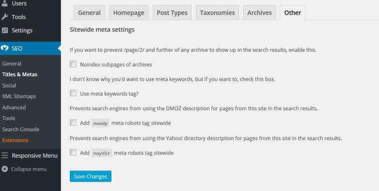 WordPress SEO settings.