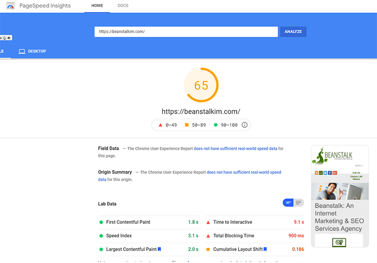 PageSpeed Insights on Beanstalk's website with Cloud Flare's free version.