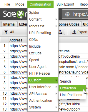 A screenshot from Screaming Frog showing how to use a custom extractor