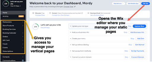 Main Wix Dashboard