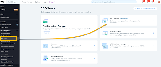 SEO Settings Wix Dashboard