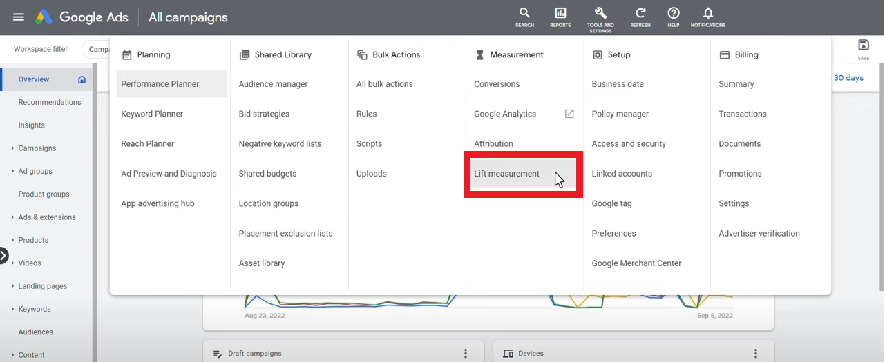 The first step in creating a conversion lift study in Google Ads.