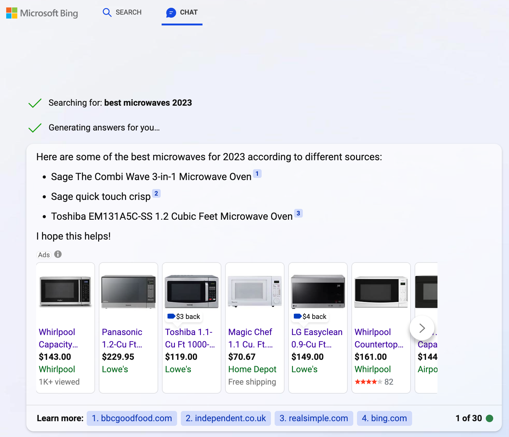 Ads are part of the chat search results on Bing.