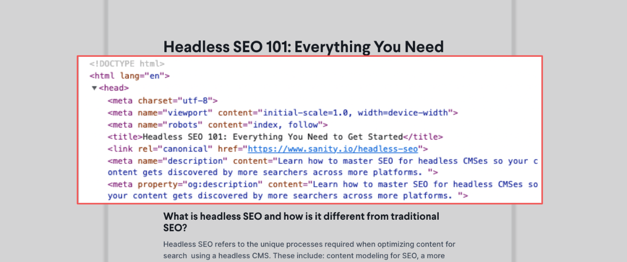 Example of what types of meta tags are use on an HTML head and what they look like.