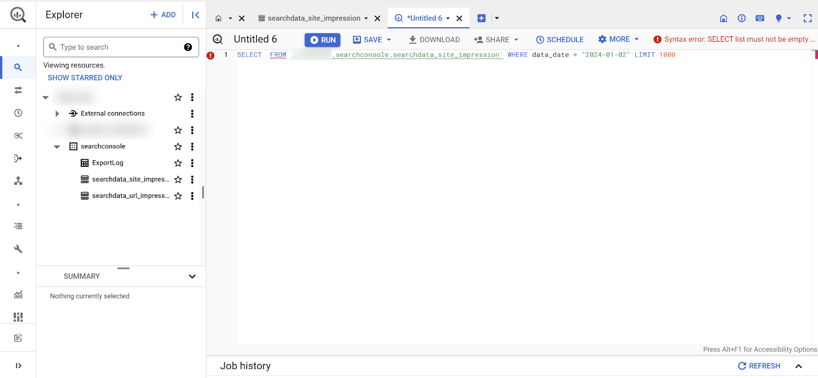 If you click on “QUERY” at the top in the interface, you can create your SQL query. This is better because it loads up some information you need for your query.