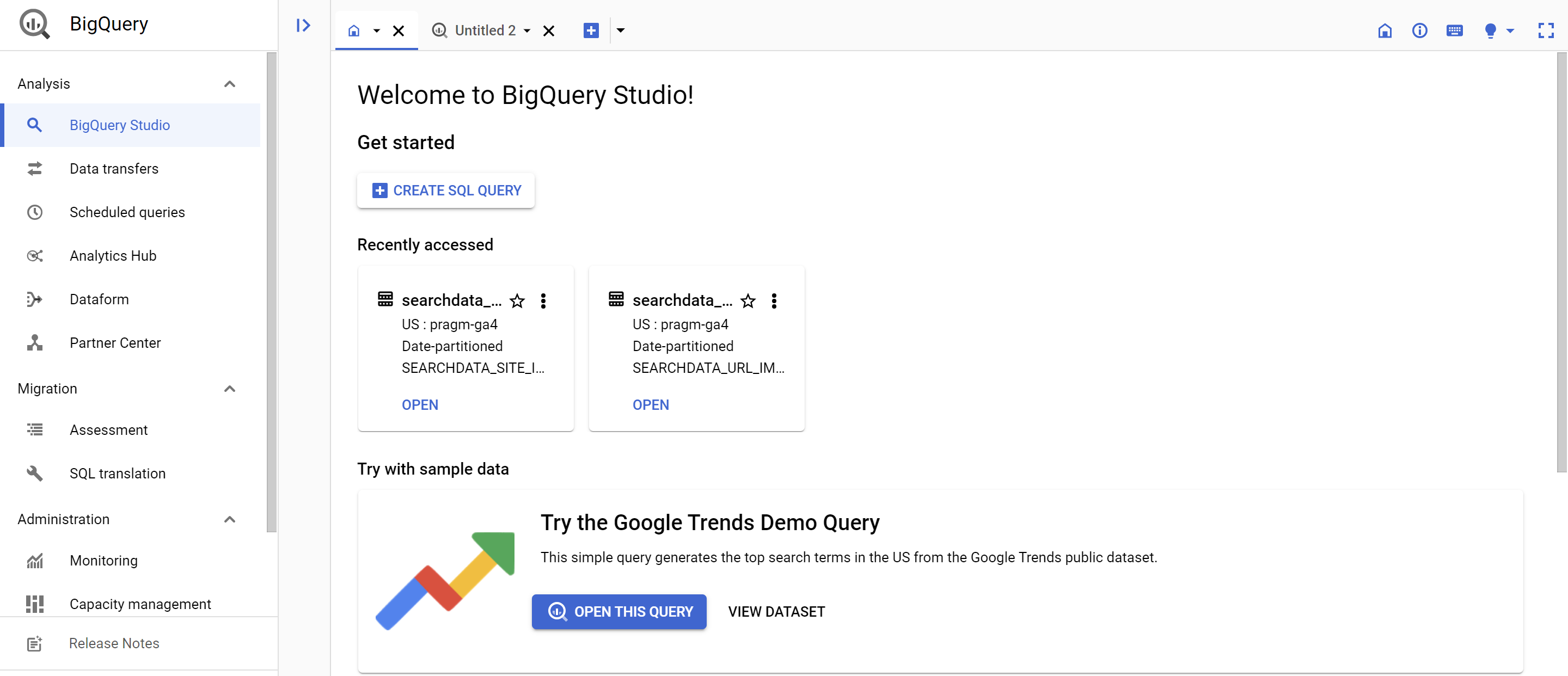 access screen to the BigQuery Studio where you will be creating your first SQL query.