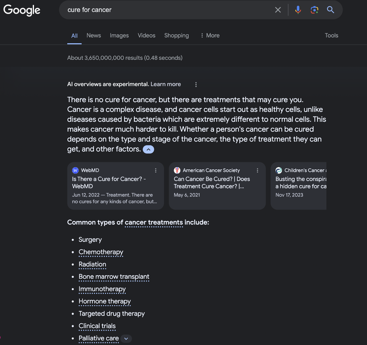 The image shows a Google search results page for the query "cancer treatments"