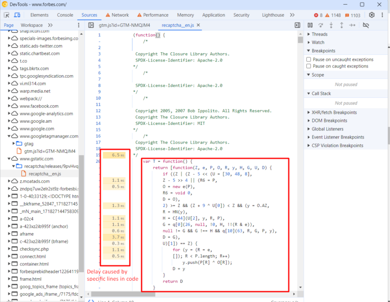 In the Source tab, it shows delays caused by specific lines of JavaScript code.
