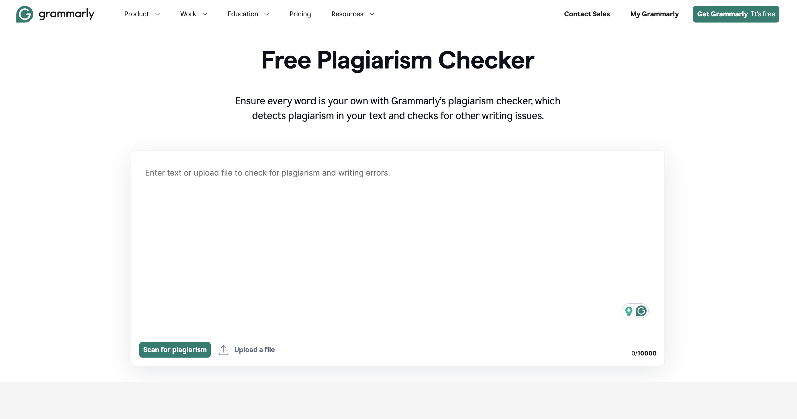 Screenshot of Grammarly's Free Plagiarism Checker page, showing a text box for uploading or pasting text to scan for plagiarism and writing issues.