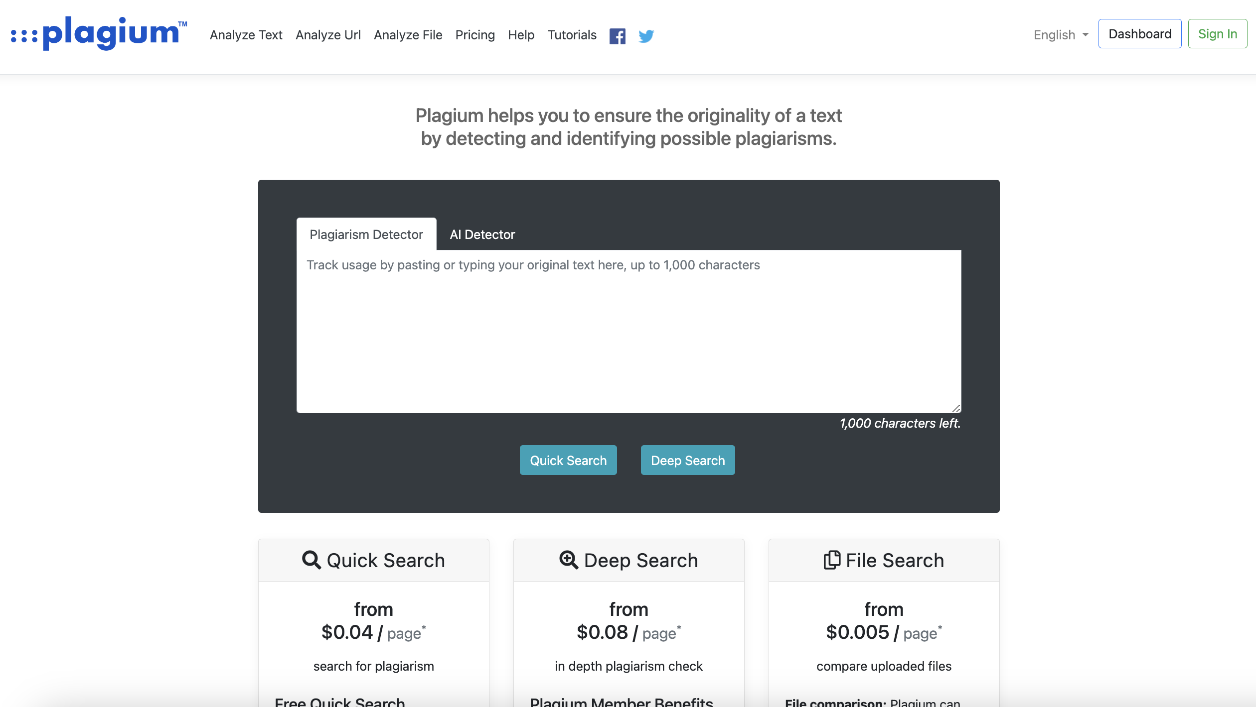Screenshot of Plagium's plagiarism detection interface, featuring options for quick search, deep search, and file search with pricing details below.