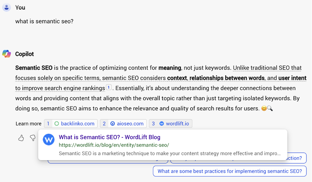 What is semantic seo? answer by Copilot