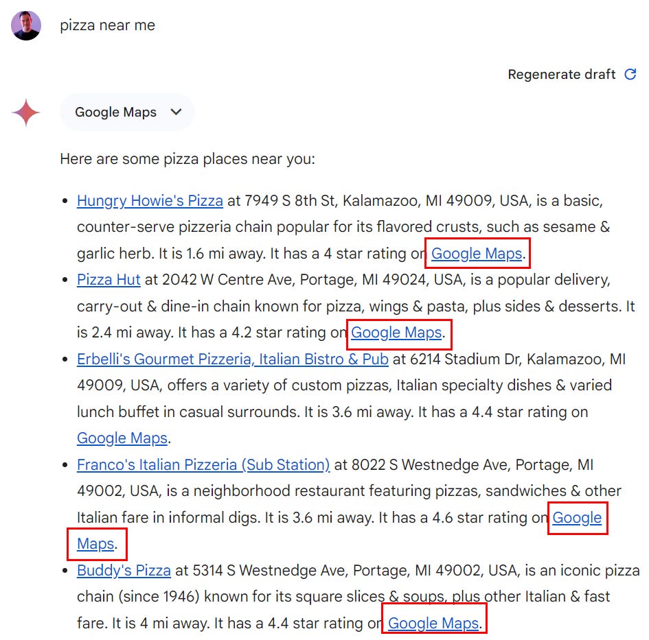 “Pizza near me” on Gemini